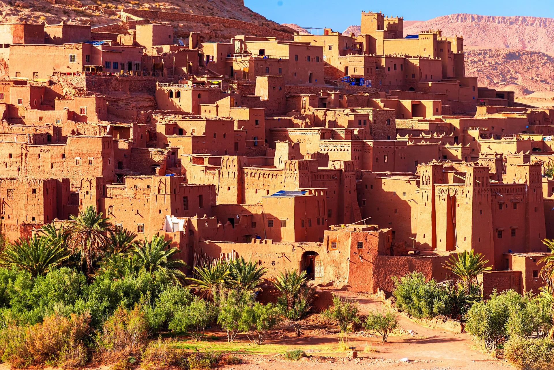 Ait-Benhaddou, Ouarzazate, Morocco: Overview of the famous ksar made of clay and adobe architecture. North Africa travel destination