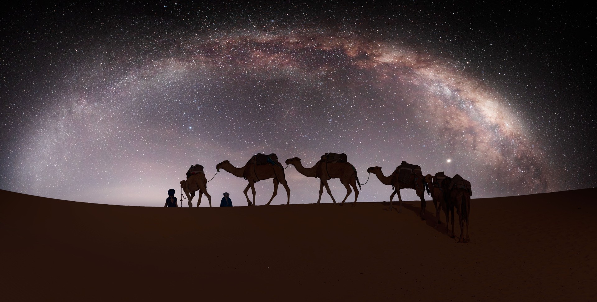 Camel caravan in the desert with milky way galaxy -  Sahara, Morrocco