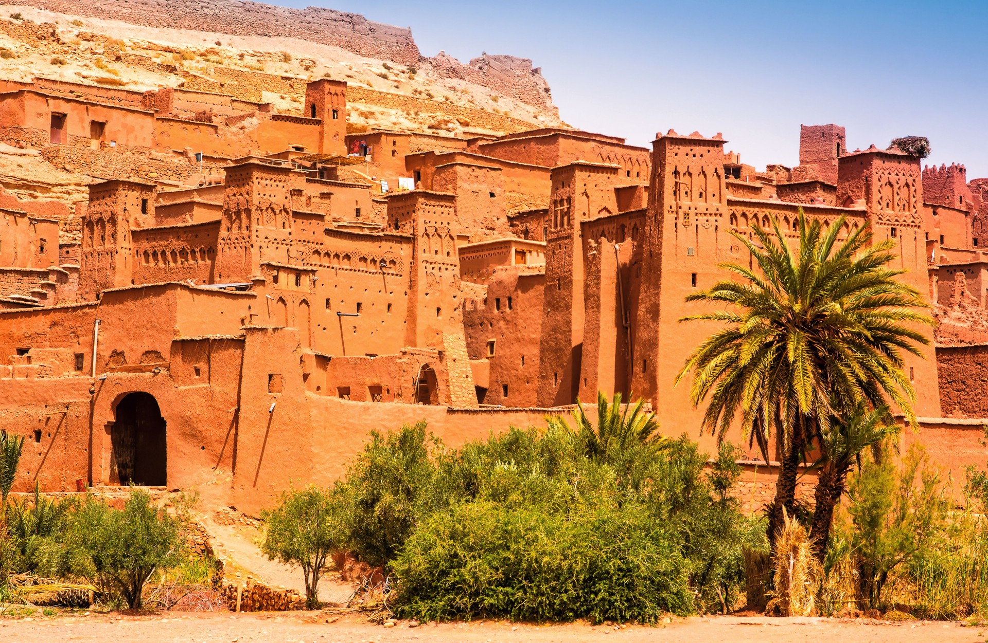 Amazing view of Kasbah Ait Ben Haddou near Ouarzazate in the Atlas Mountains of Morocco. UNESCO World Heritage Site since 1987. Artistic picture. Beauty world.