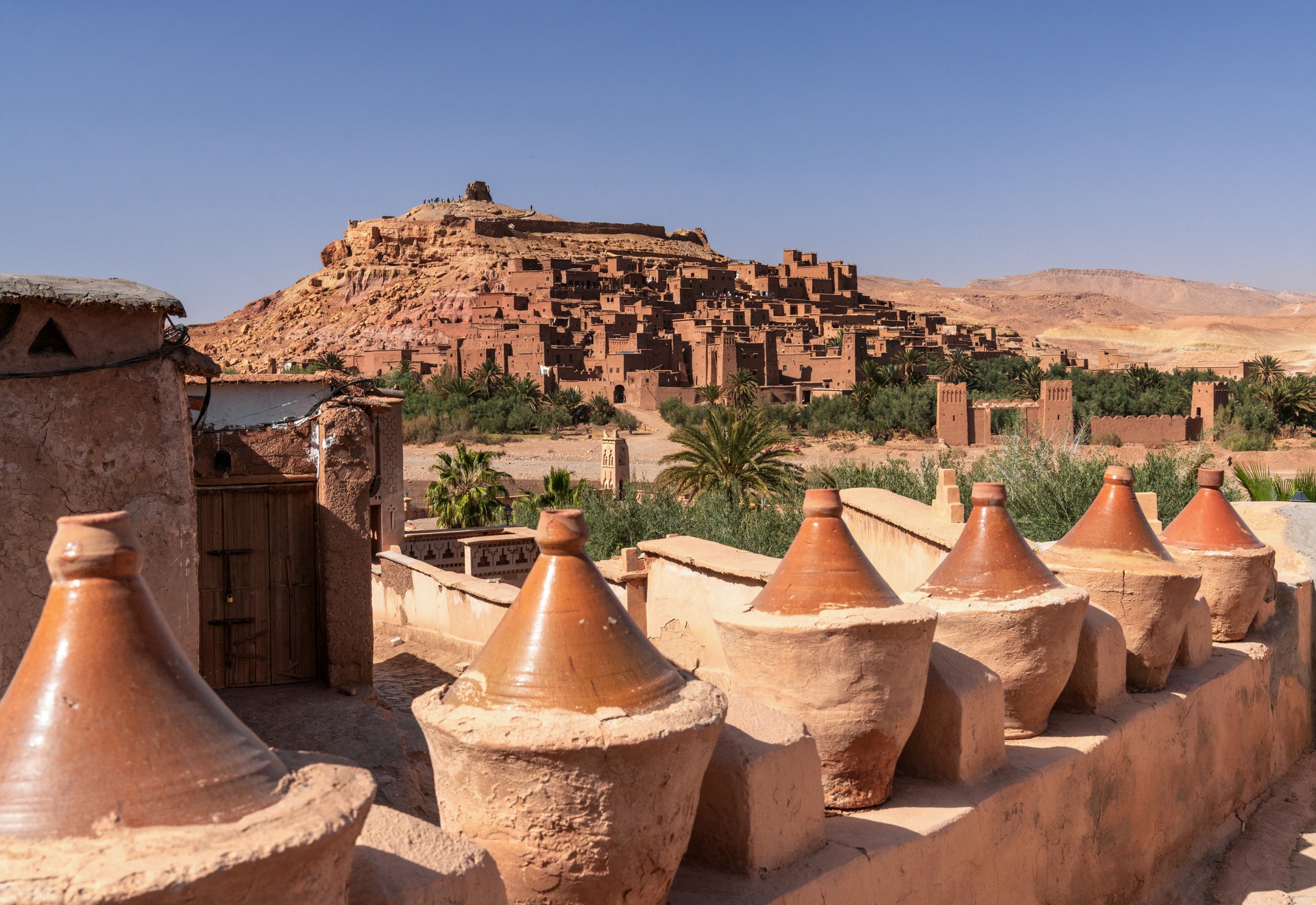 view of the earthen clay village of Ait Benhaddou in southern Morocco